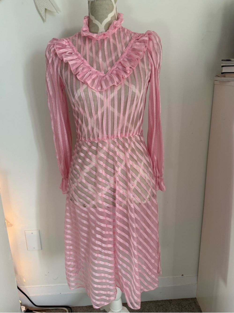 Vintage Pink Sheer Striped Ruffle Midi Dress